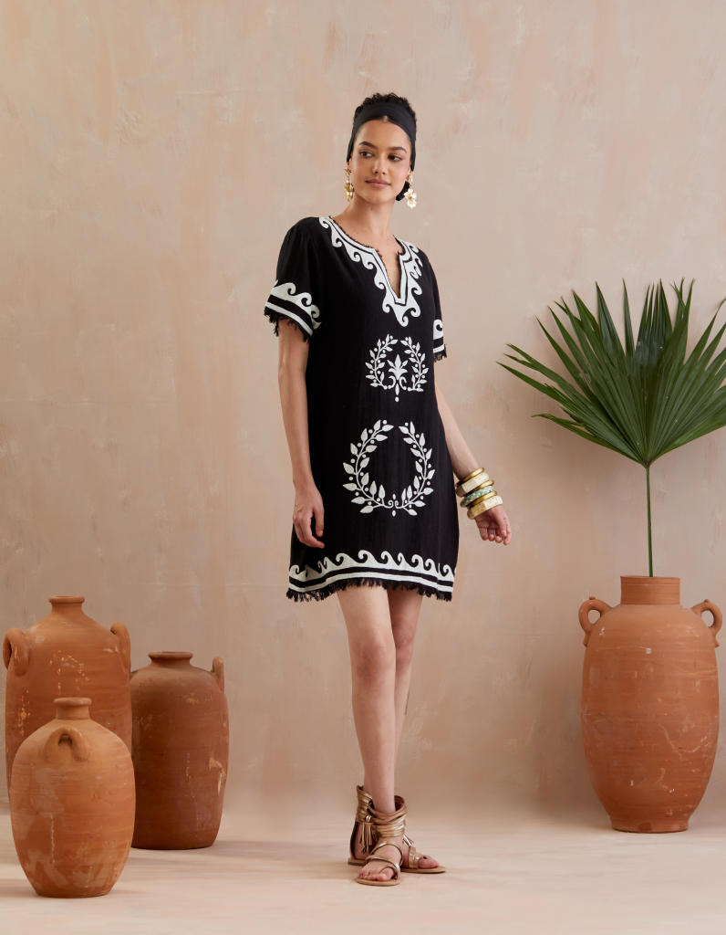 Black and Ivory Thread Embroidery Jute Mini Dress