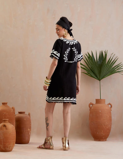 Black and Ivory Thread Embroidery Jute Mini Dress