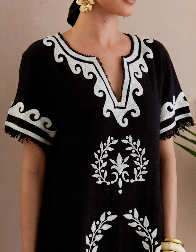 Black and Ivory Thread Embroidery Jute Mini Dress