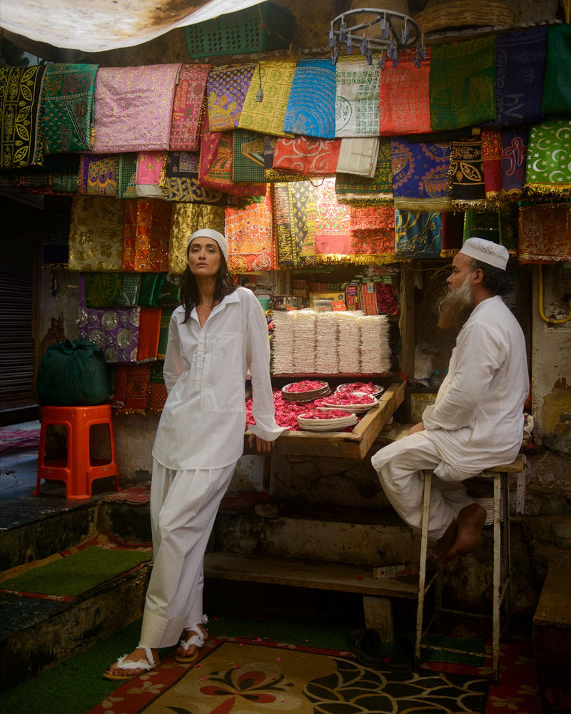 NEELIMA FARSHI SALWAR SET 100% cotton by Ituvana in white color for women Worldwide