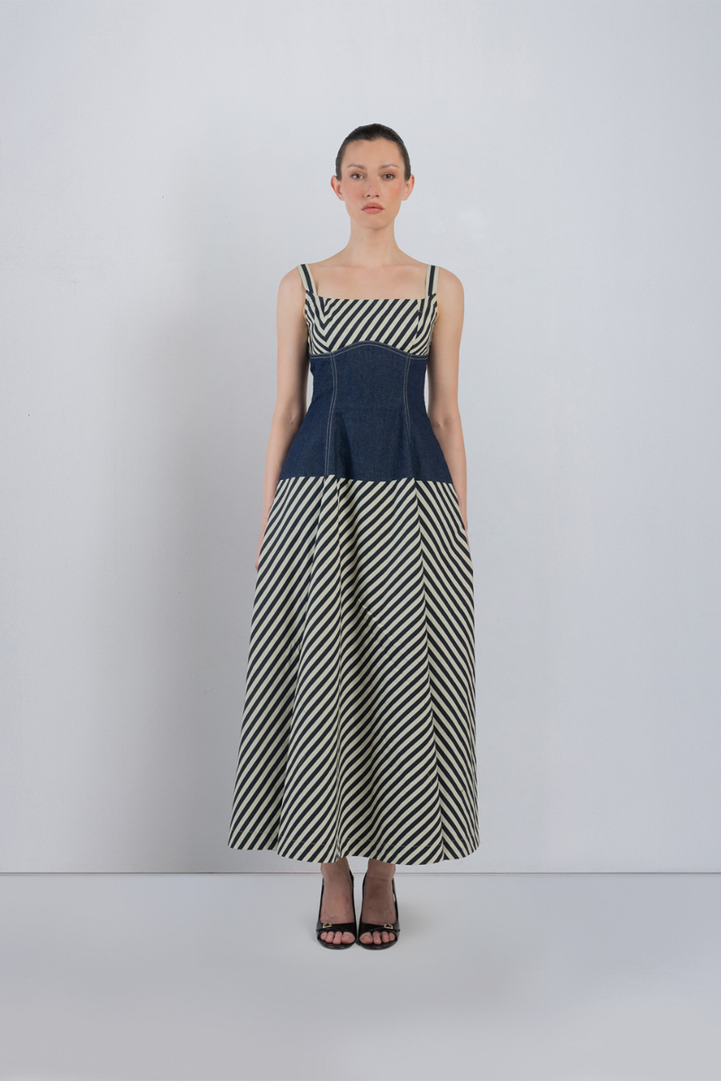 IVITSA DRESS - Denim Blue + Black/White Stripes dress by Leh Studios in blue for women Worldwide