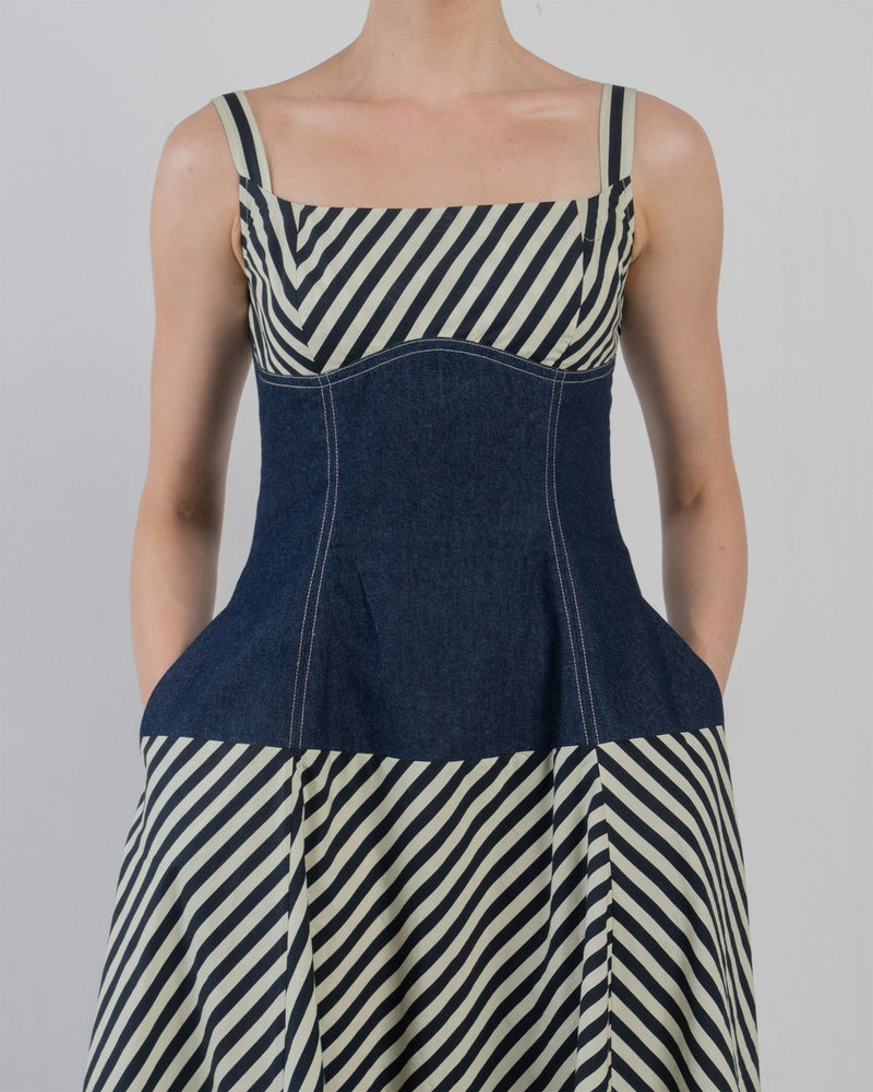 IVITSA DRESS - Denim Blue + Black/White Stripes dress by Leh Studios in blue for women Worldwide