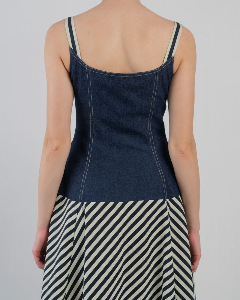 IVITSA DRESS - Denim Blue + Black/White Stripes dress by Leh Studios in blue for women Worldwide