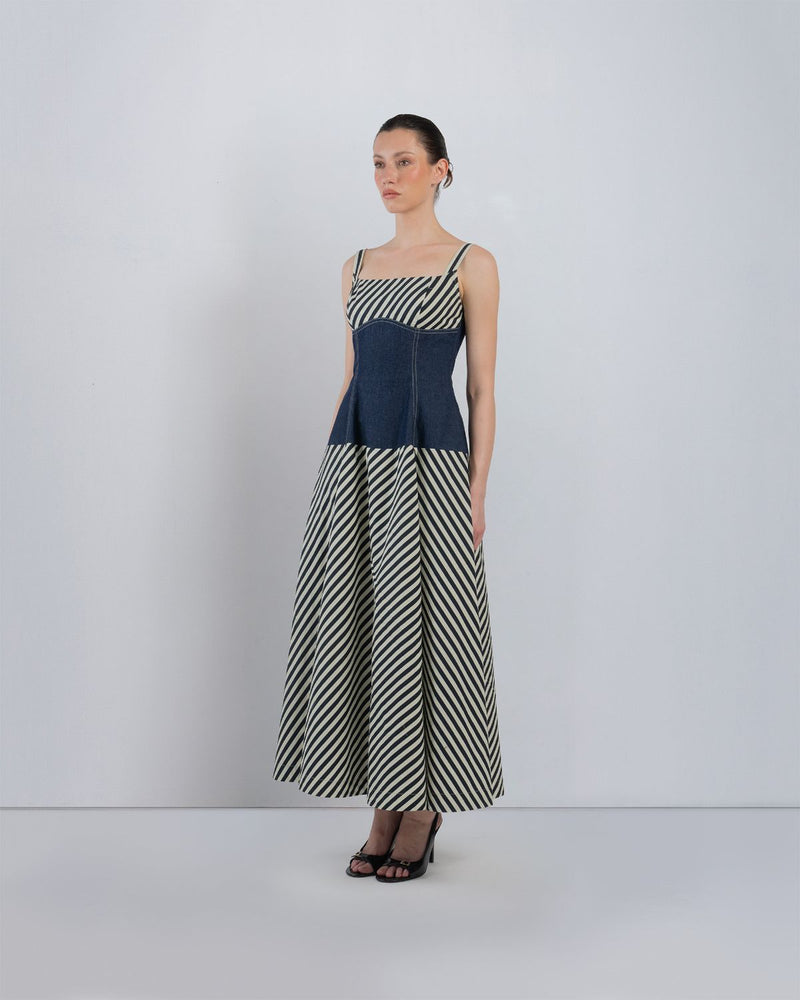 IVITSA DRESS - Denim Blue + Black/White Stripes dress by Leh Studios in blue for women Worldwide