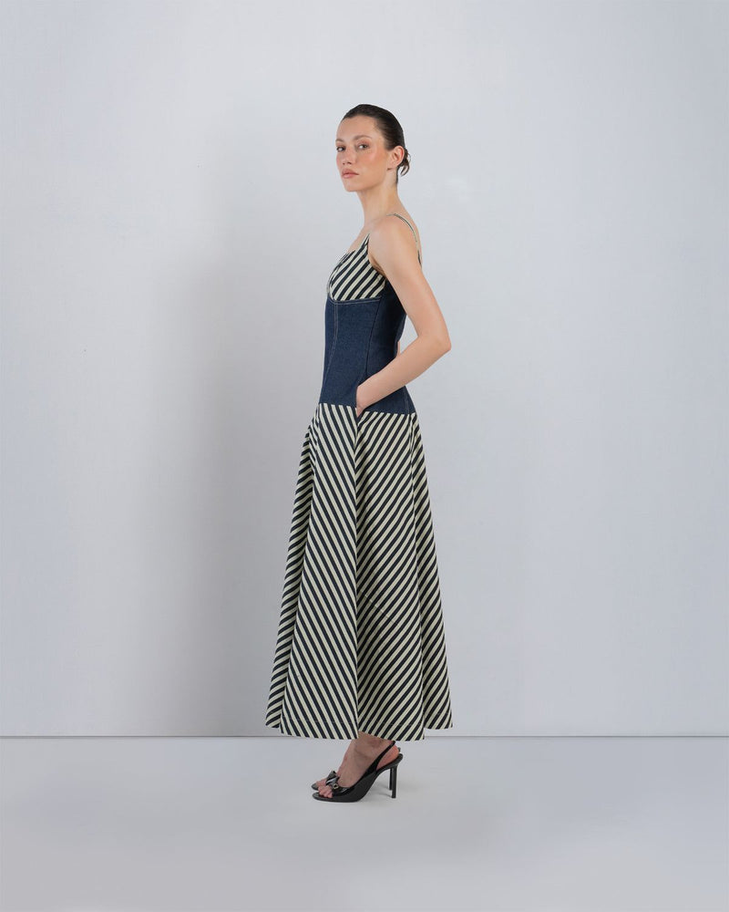IVITSA DRESS - Denim Blue + Black/White Stripes dress by Leh Studios in blue for women Worldwide