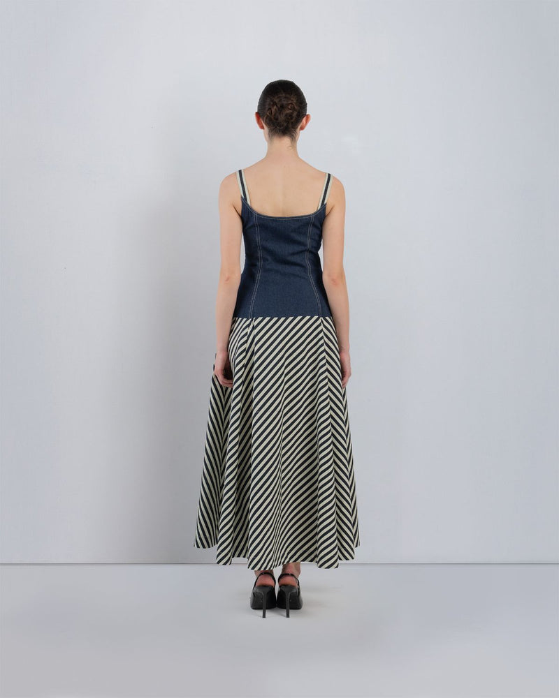 IVITSA DRESS - Denim Blue + Black/White Stripes dress by Leh Studios in blue for women Worldwide
