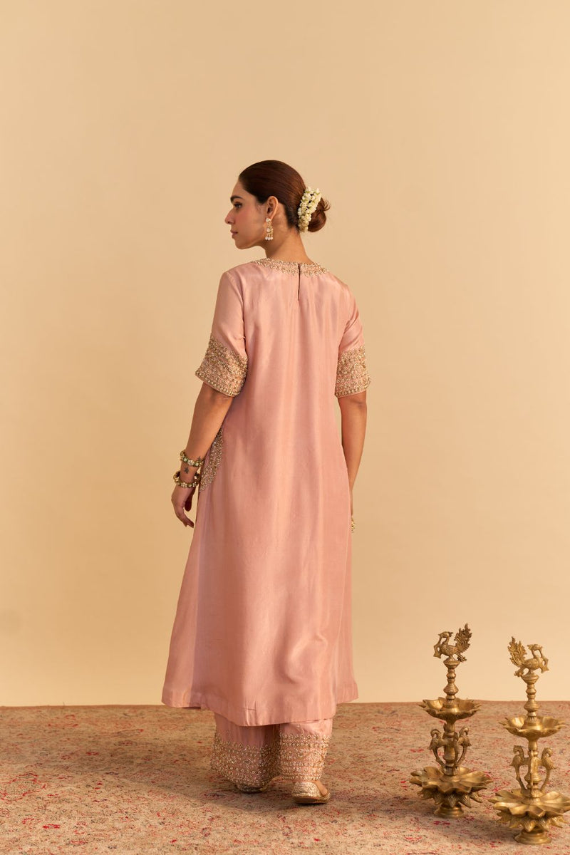 Ilana Off rose Silk Dabka Zardozi Embroidered Kurta Set by SHEETAL BATRA for women Worldwide