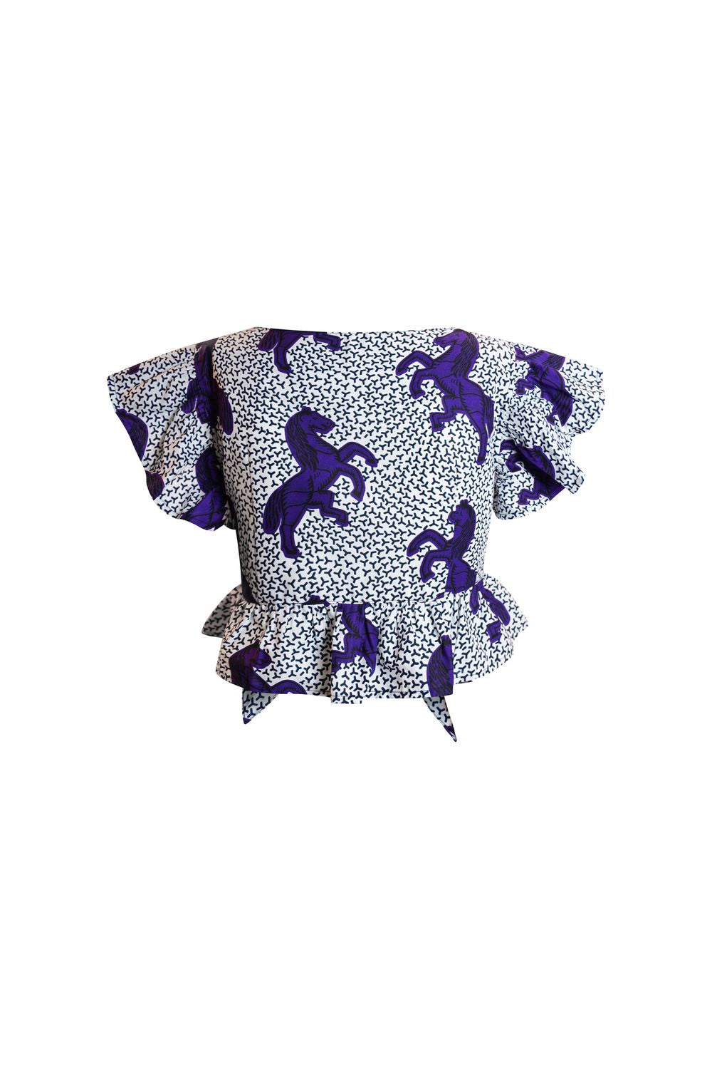 Imani Front Tie Crop Top -  White and Purple Jumping Horses African Ankara Wax Cotton Print