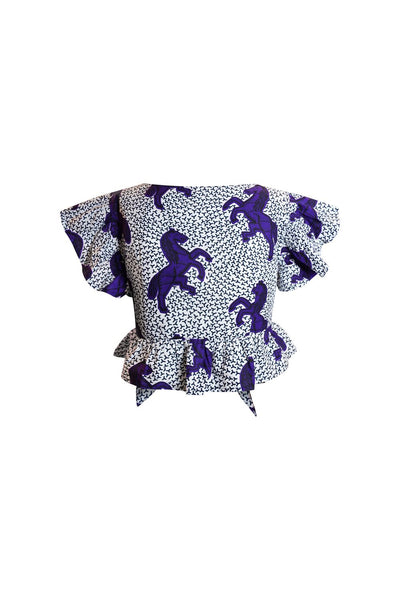 Imani Front Tie Crop Top -  White and Purple Jumping Horses African Ankara Wax Cotton Print