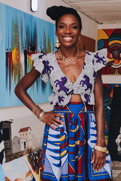 Imani Front Tie Crop Top -  White and Purple Jumping Horses African Ankara Wax Cotton Print