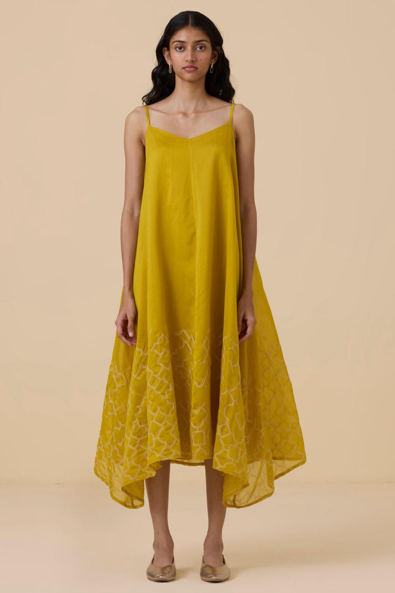 Inaya Yellow Handwoven Resort Dress chanderi by The Summer House in yellow color for women Worldwide