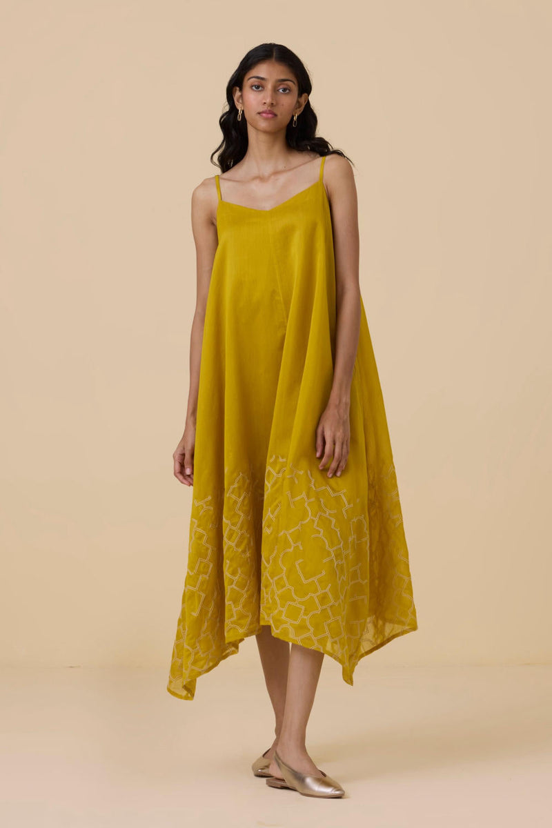 Inaya Yellow Handwoven Resort Dress chanderi by The Summer House in yellow color for women Worldwide