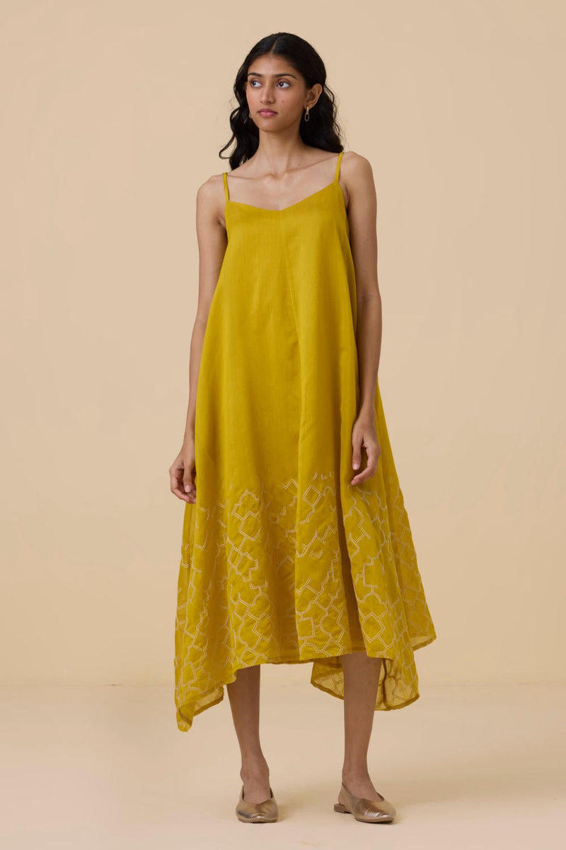 Inaya Yellow Handwoven Resort Dress chanderi by The Summer House in yellow color for women Worldwide