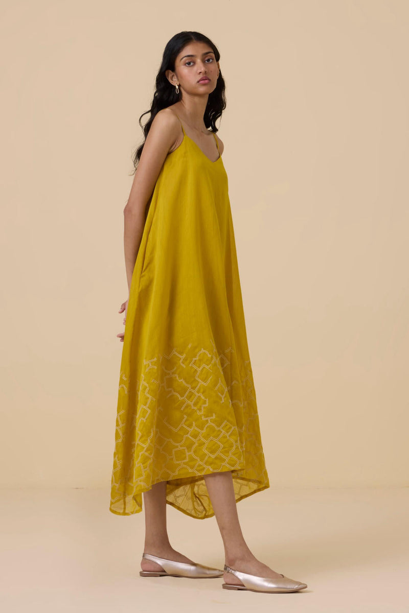 Inaya Yellow Handwoven Resort Dress chanderi by The Summer House in yellow color for women Worldwide