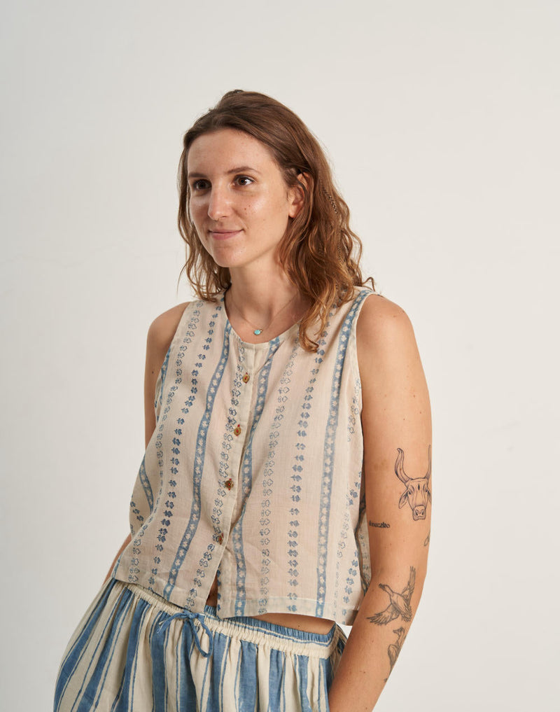 Indigo Blossom Button-Up Top cotton by World of Crow in multi color for Worldwide