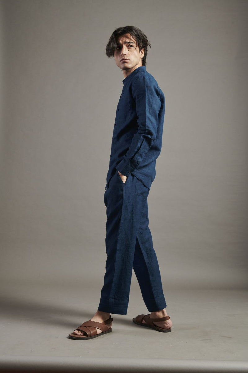 Indigo Linen Band Collar Shirt linen by Saphed Men for men Worldwide