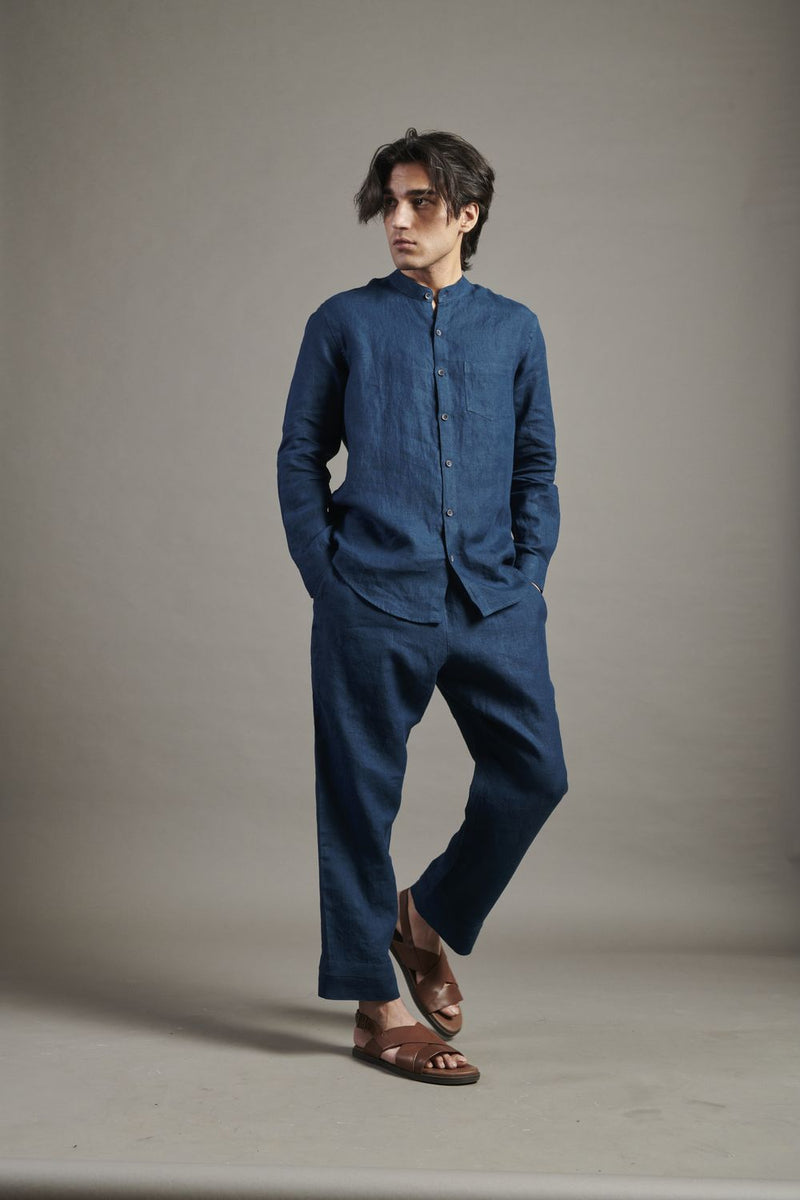 Indigo Linen Band Collar Shirt linen by Saphed Men for men Worldwide