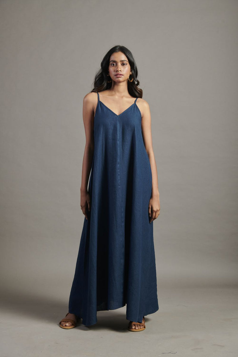 Indigo Linen Flared Slip Dress linen by Saphed for women Worldwide