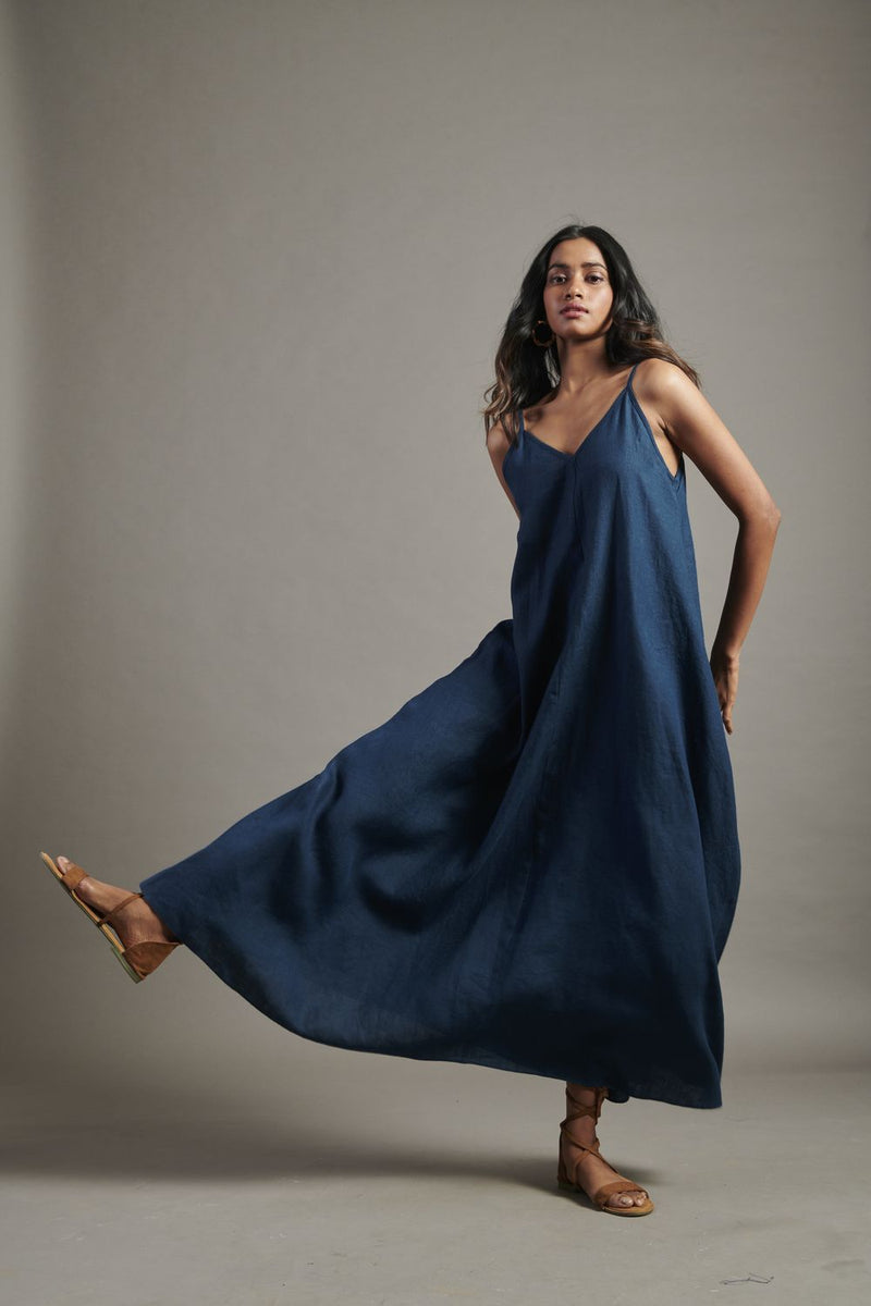 Indigo Linen Flared Slip Dress linen by Saphed for women Worldwide