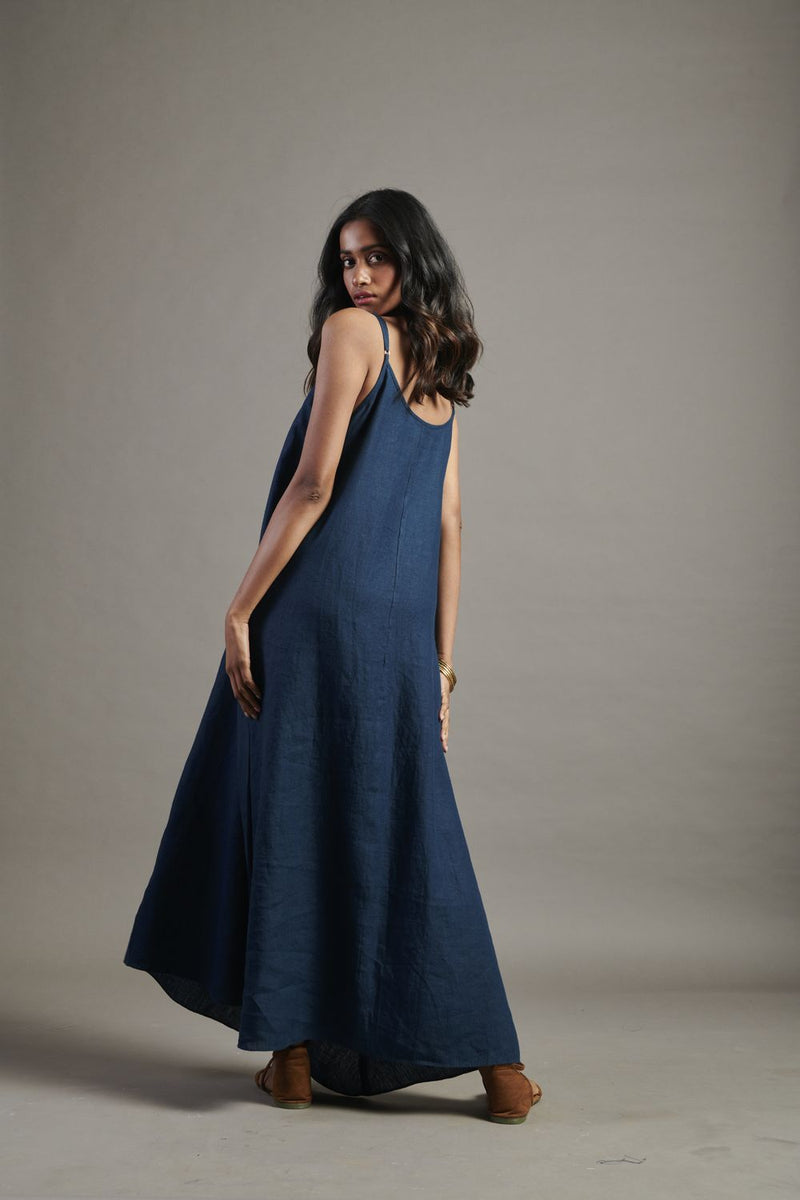 Indigo Linen Flared Slip Dress linen by Saphed for women Worldwide