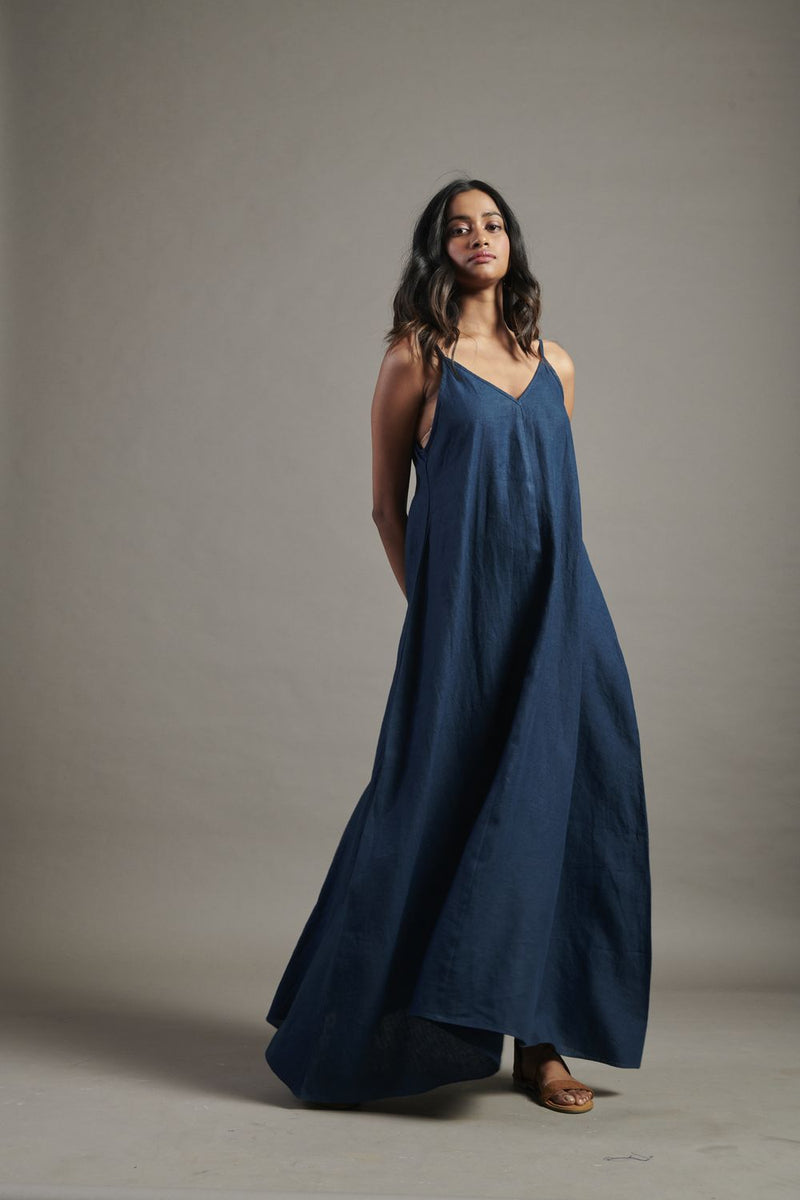Indigo Linen Flared Slip Dress linen by Saphed for women Worldwide