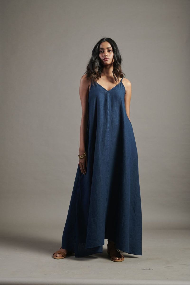 Indigo Linen Flared Slip Dress linen by Saphed for women Worldwide