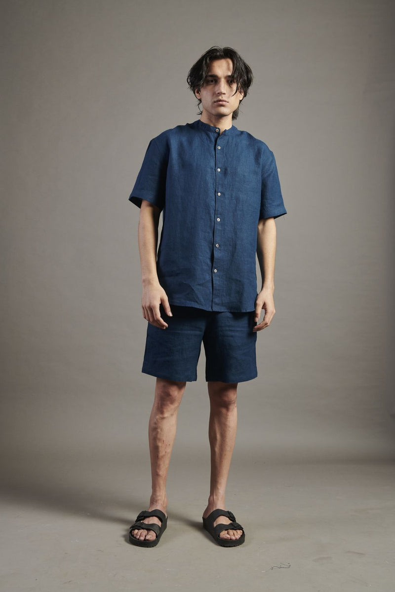 Indigo Linen Half Sleeves Band Collar Shirt linen by Saphed Men for men Worldwide