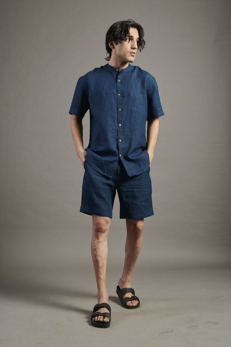 Indigo Linen Half Sleeves Band Collar Shirt linen by Saphed Men for men Worldwide