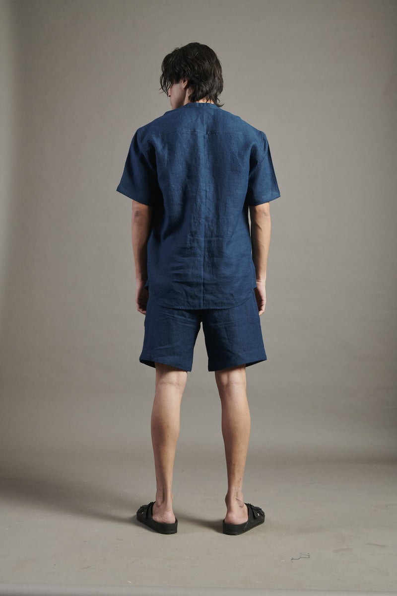 Indigo Linen Half Sleeves Band Collar Shirt linen by Saphed Men for men Worldwide