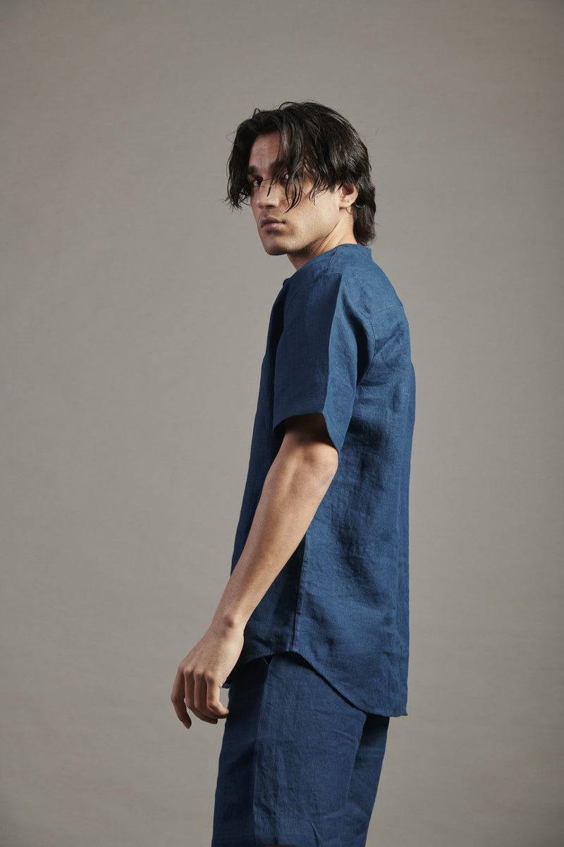 Indigo Linen Half Sleeves Band Collar Shirt linen by Saphed Men for men Worldwide