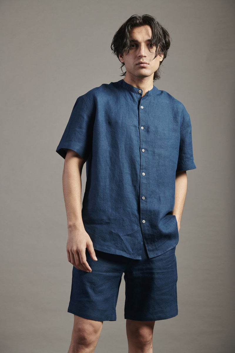 Indigo Linen Half Sleeves Band Collar Shirt linen by Saphed Men for men Worldwide