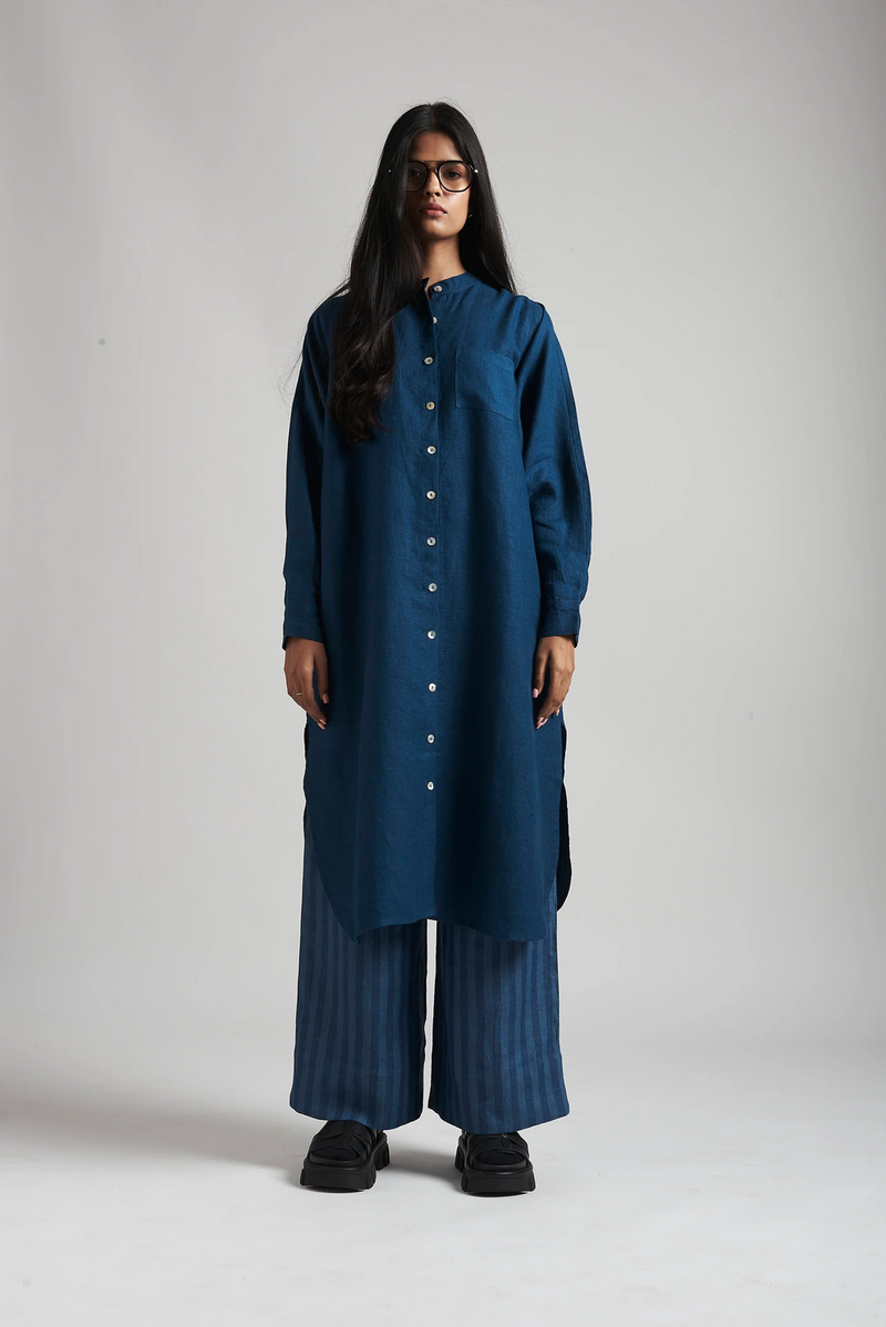 Indigo Linen Shirt Dress linen by Saphed in blue color for women Worldwide