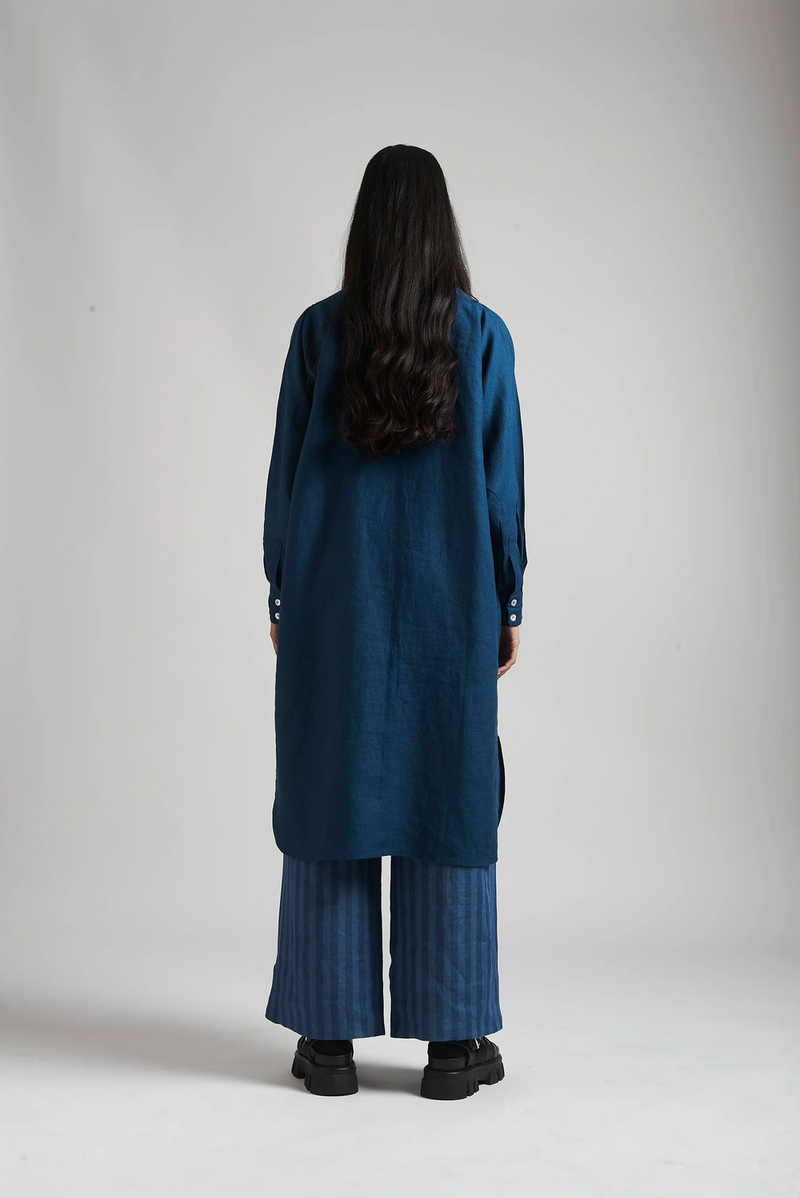 Indigo Linen Shirt Dress linen by Saphed in blue color for women Worldwide