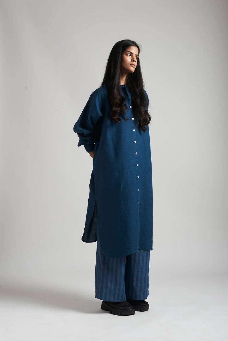 Indigo Linen Shirt Dress linen by Saphed in blue color for women Worldwide