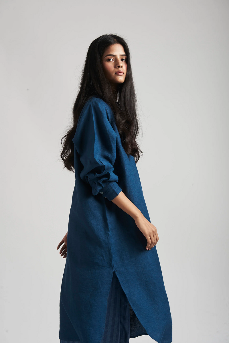 Indigo Linen Shirt Dress linen by Saphed in blue color for women Worldwide
