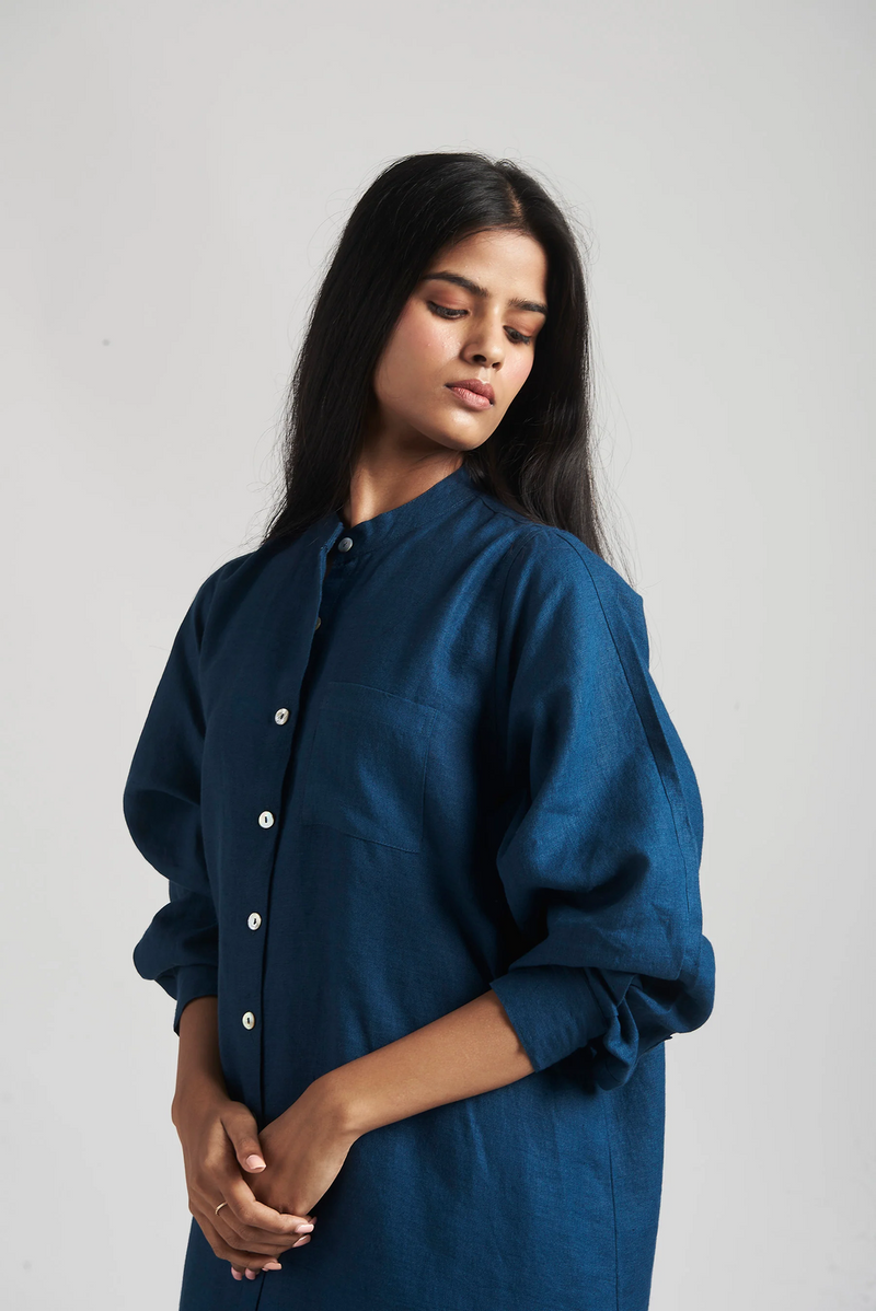 Indigo Linen Shirt Dress linen by Saphed in blue color for women Worldwide