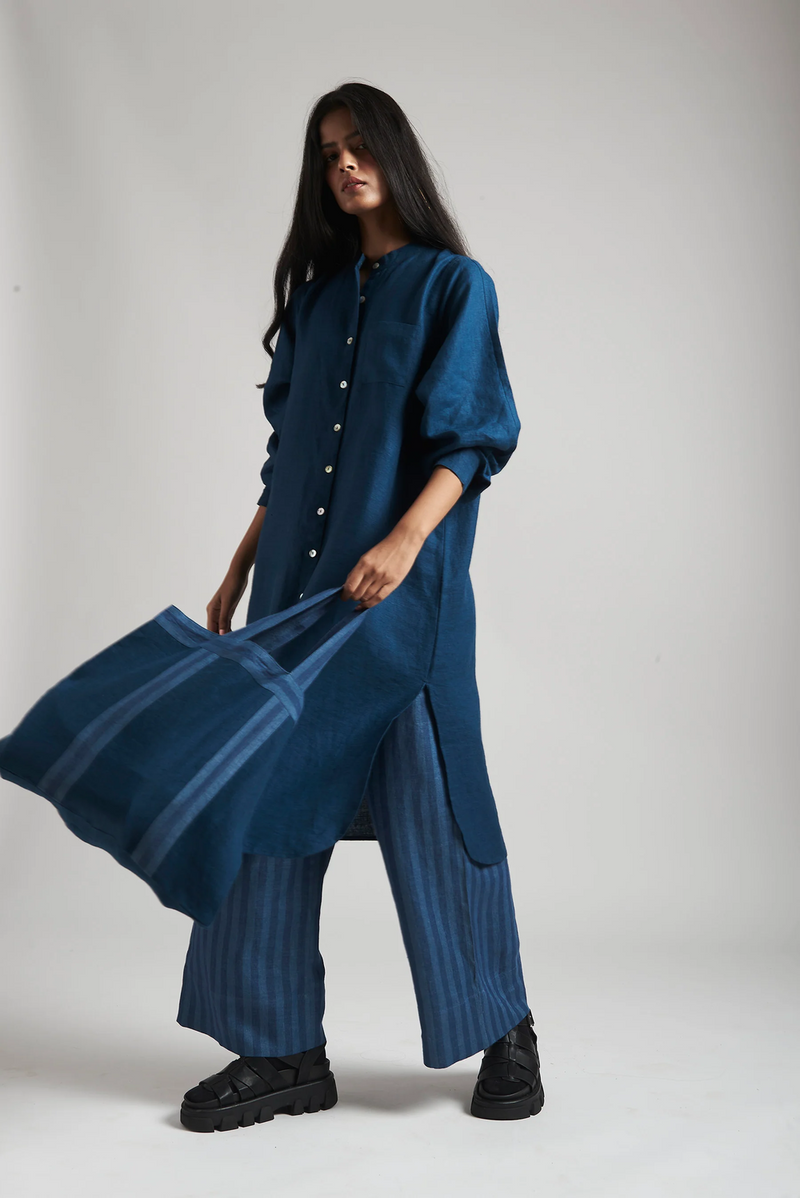 Indigo Linen Shirt Dress linen by Saphed in blue color for women Worldwide