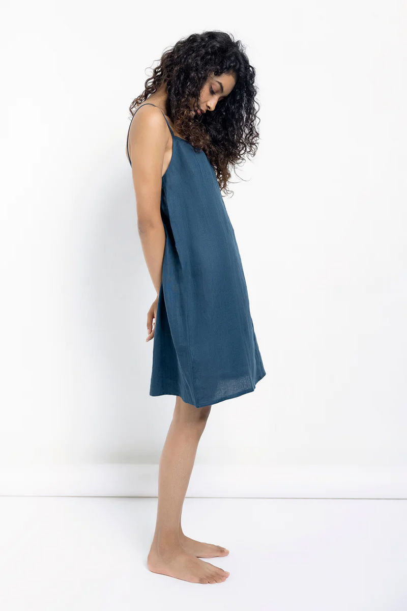 Indigo Linen Slip Dress linen by Saphed in blue color for women Worldwide