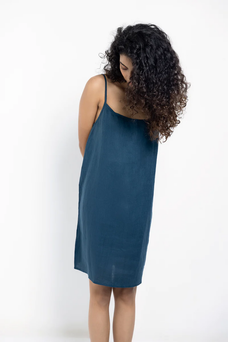 Indigo Linen Slip Dress linen by Saphed in blue color for women Worldwide