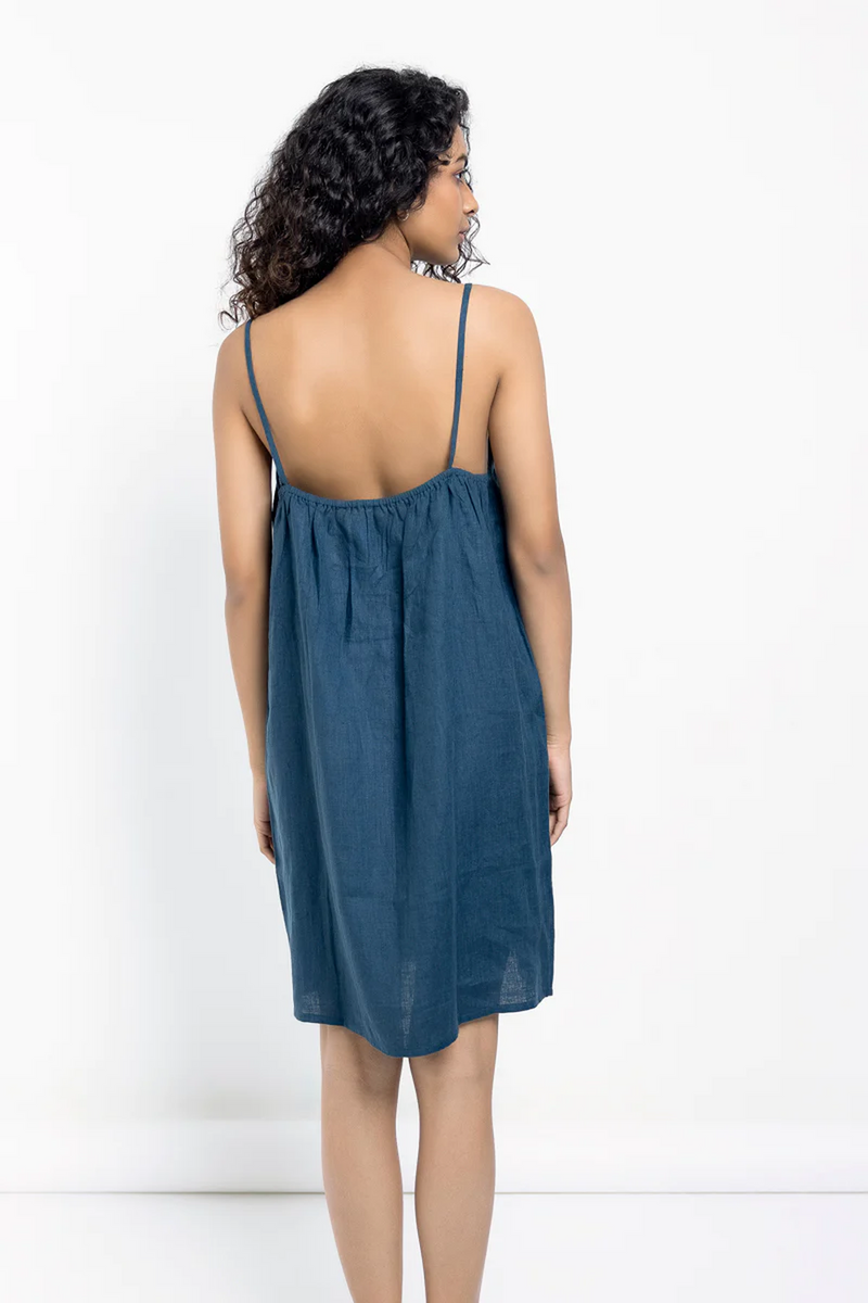 Indigo Linen Slip Dress linen by Saphed in blue color for women Worldwide