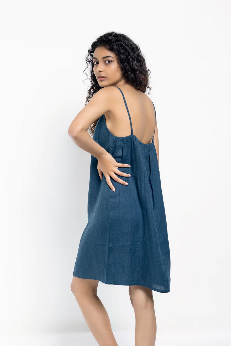 Indigo Linen Slip Dress linen by Saphed in blue color for women Worldwide