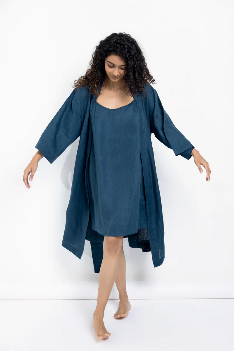 Indigo Linen Slip Dress linen by Saphed in blue color for women Worldwide