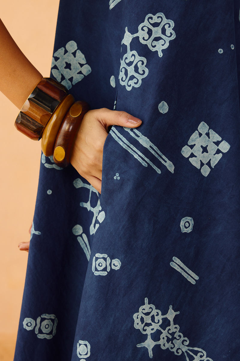 Indigo Ornament Organic Cotton Maxi Dress organic cotton poplin dress by SUI in indigo for women Worldwide