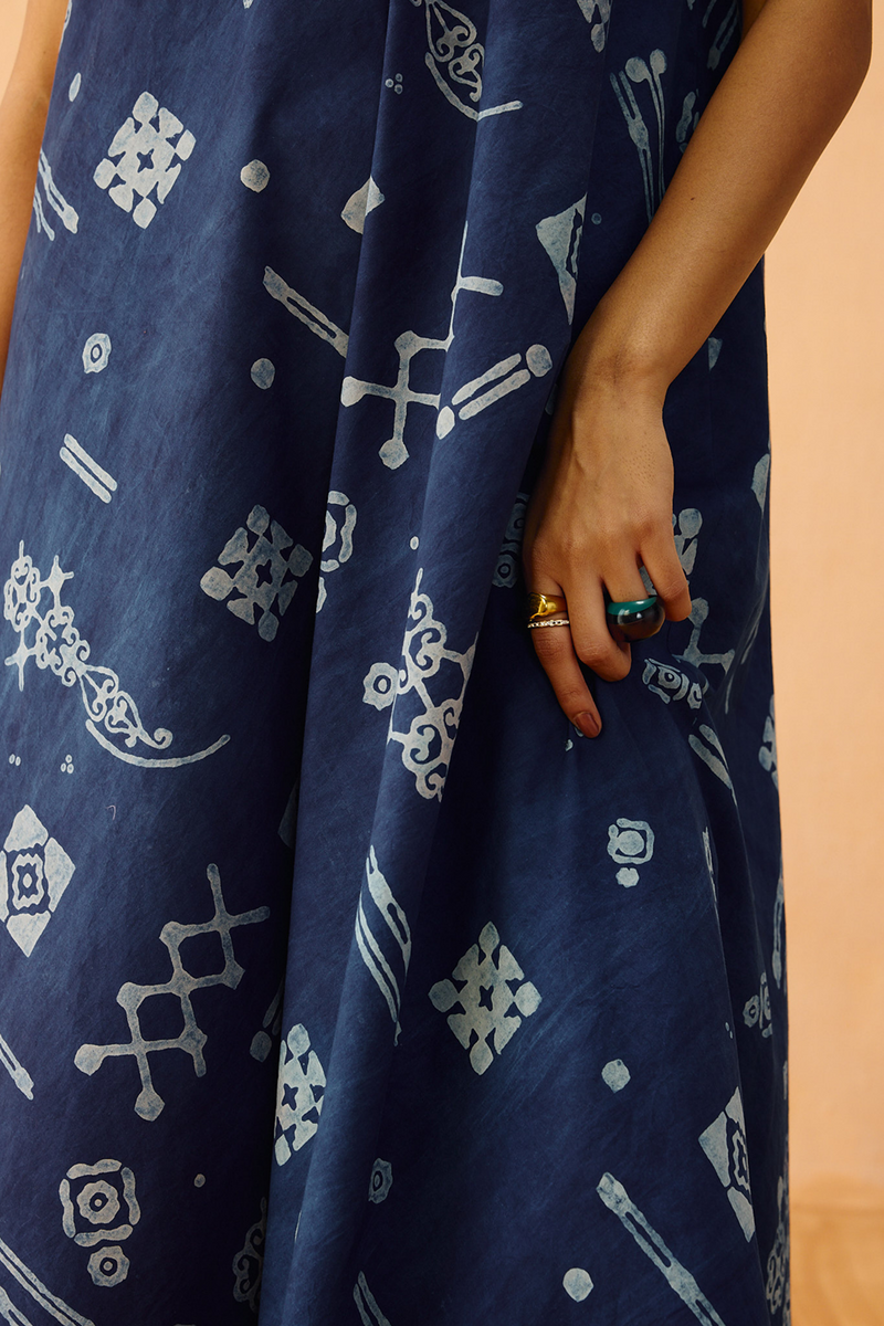 Indigo Ornament Organic Cotton Maxi Dress organic cotton poplin dress by SUI in indigo for women Worldwide