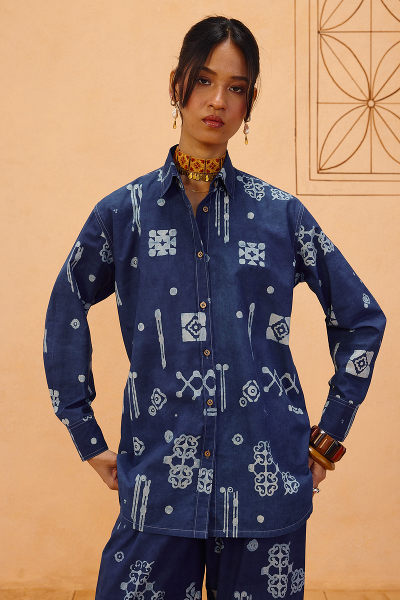 Indigo Patterns Organic Cotton Shirt organic cotton poplin top/shirt by SUI in indigo for women Worldwide