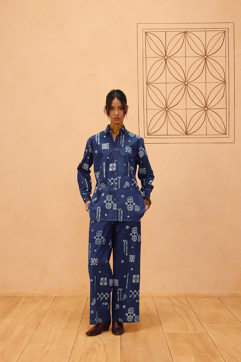 Indigo Patterns Organic Cotton Shirt organic cotton poplin top/shirt by SUI in indigo for women Worldwide