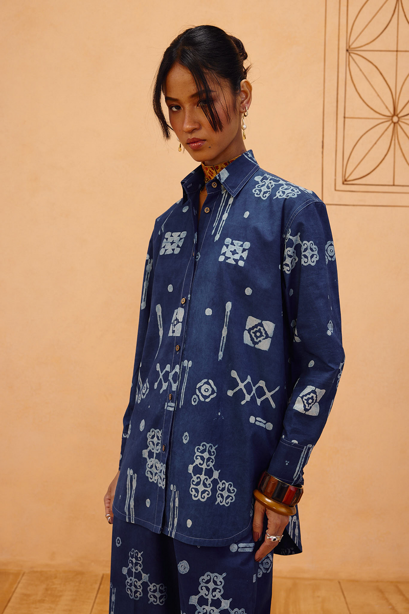 Indigo Patterns Organic Cotton Shirt organic cotton poplin top/shirt by SUI in indigo for women Worldwide