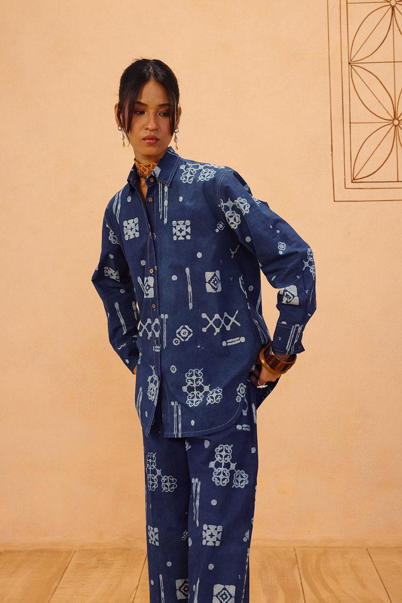 Indigo Patterns Organic Cotton Shirt organic cotton poplin top/shirt by SUI in indigo for women Worldwide