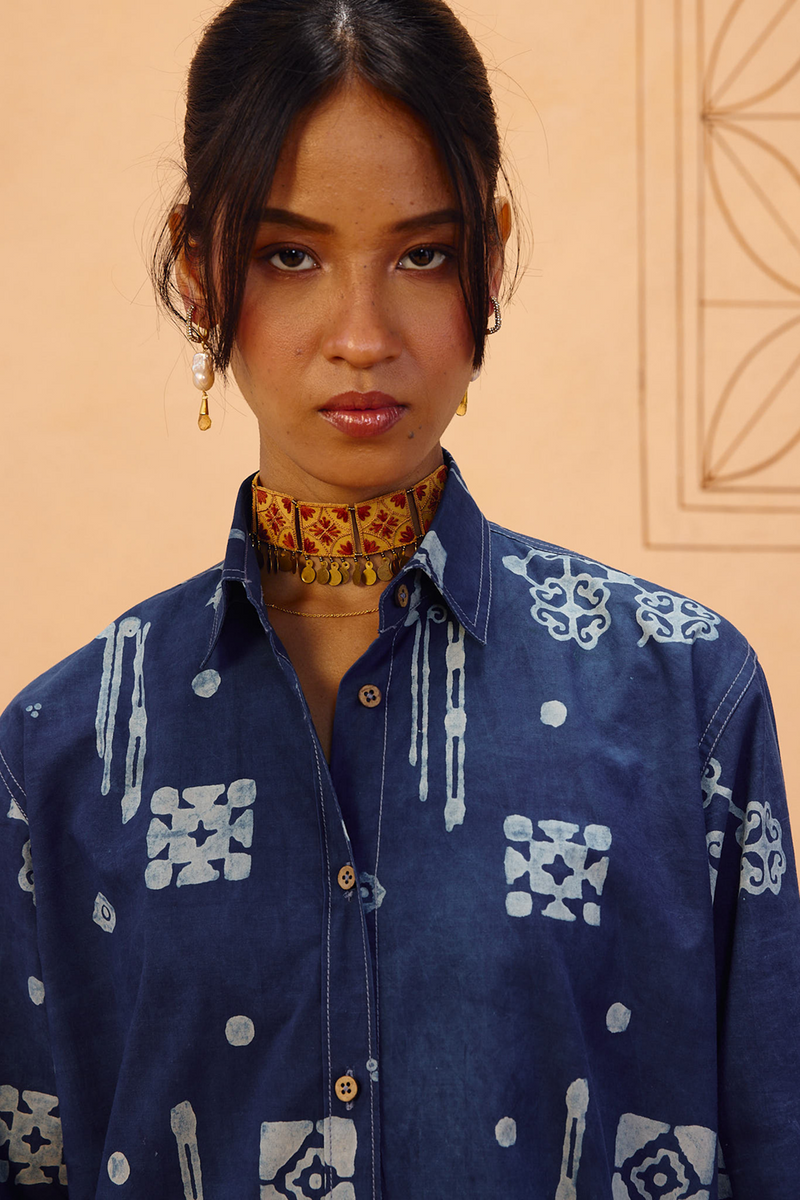 Indigo Patterns Organic Cotton Shirt organic cotton poplin top/shirt by SUI in indigo for women Worldwide