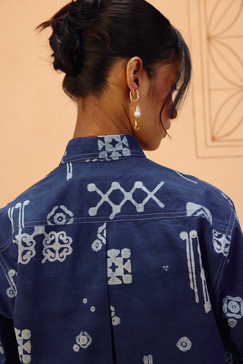 Indigo Patterns Organic Cotton Shirt organic cotton poplin top/shirt by SUI in indigo for women Worldwide